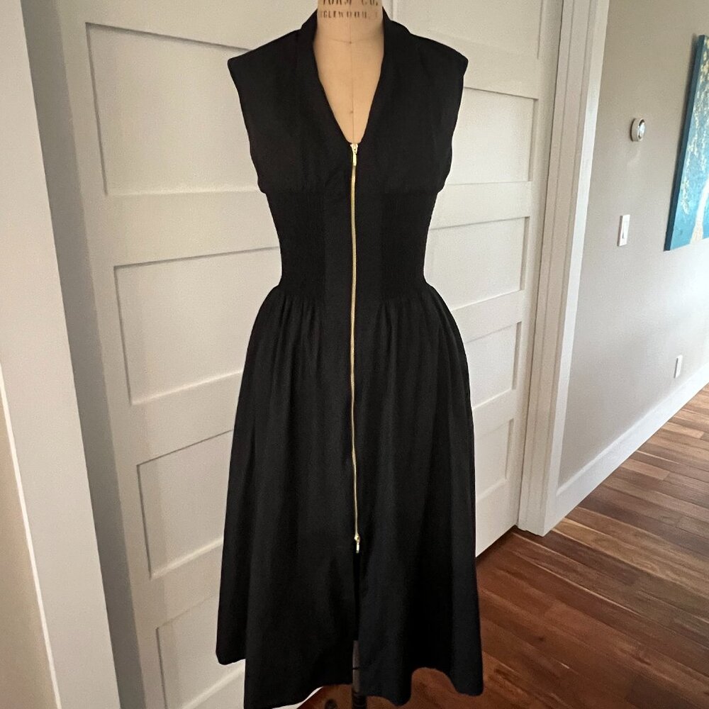Anthropologie XXS Black Cotton Midi Dress with Gold Front Zipper and Pockets - Picture 4 of 11
